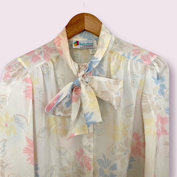 Vintage Pastel Floral Satin Semi Sheer Pussybow Balloon Sleeve Blouse Size M - Picture 4 of 7